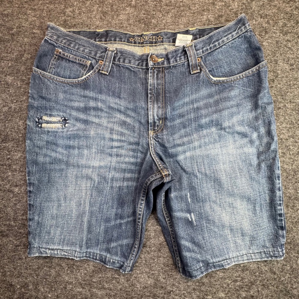 Cinch Denim Cutoff Jean Shorts Mens 37x11 Blue Distressed Western READ